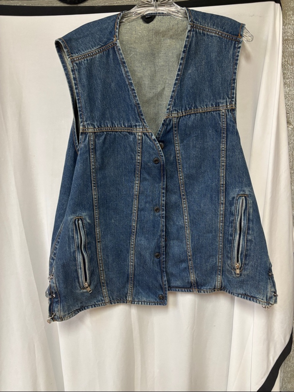 Motorcycle Men's Blue Denim Utility Vest with Zip Pockets